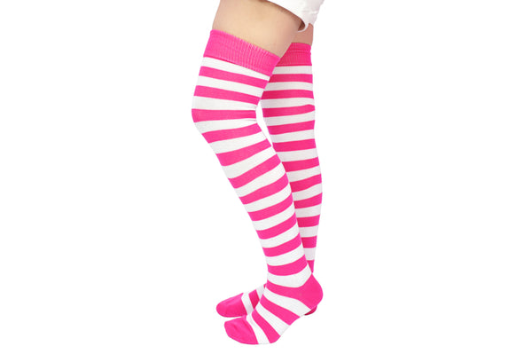 Pink and White Stripe Over the Knee Ladies Pink Cuff Socks