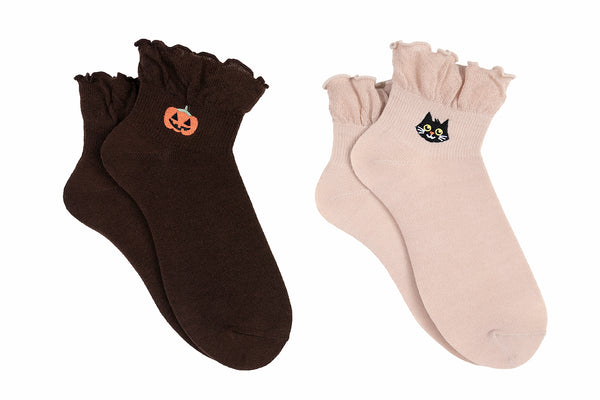 Everything Legwear Halloween Pumpkin & Cat Ruffle Anklet Socks