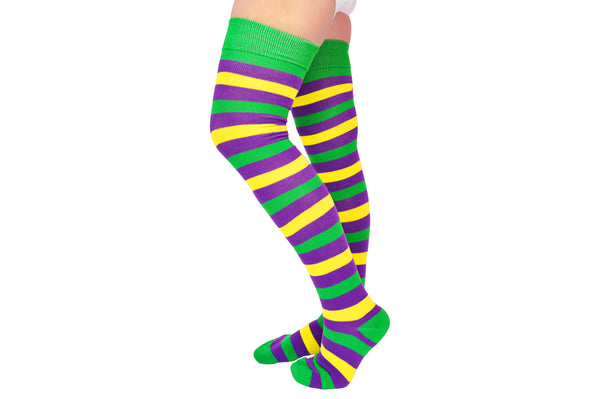 Ladies Over the Knee Striped Socks Green Yellow and Purple 